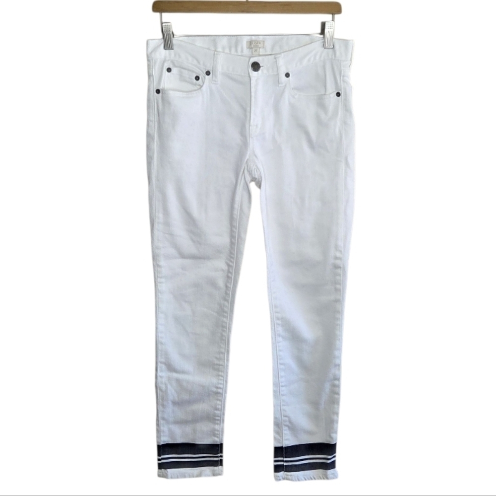 J. Crew Factory White Cropped Ankle Skinny Jeans with Navy Stripe Hem Size 27